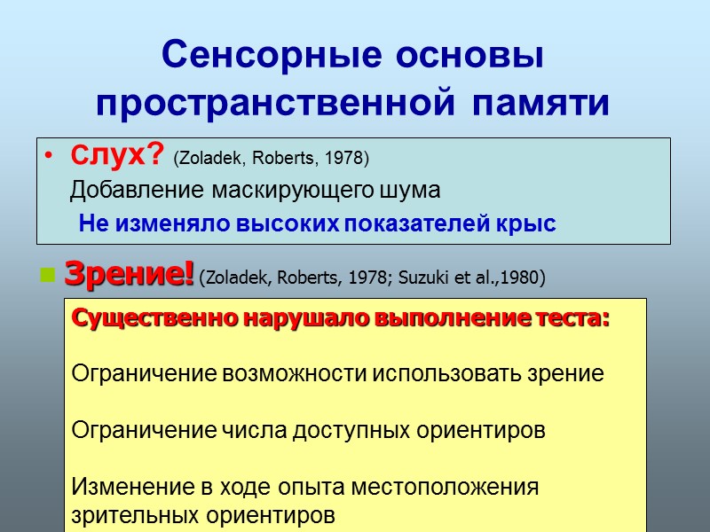 Сенсорные основы пространственной памяти Слух? (Zoladek, Roberts, 1978)  Добавление маскирующего шума  
